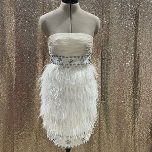 Sue Wong Ivory Satin Dress with Ostrich Feather and Jeweled Trim
